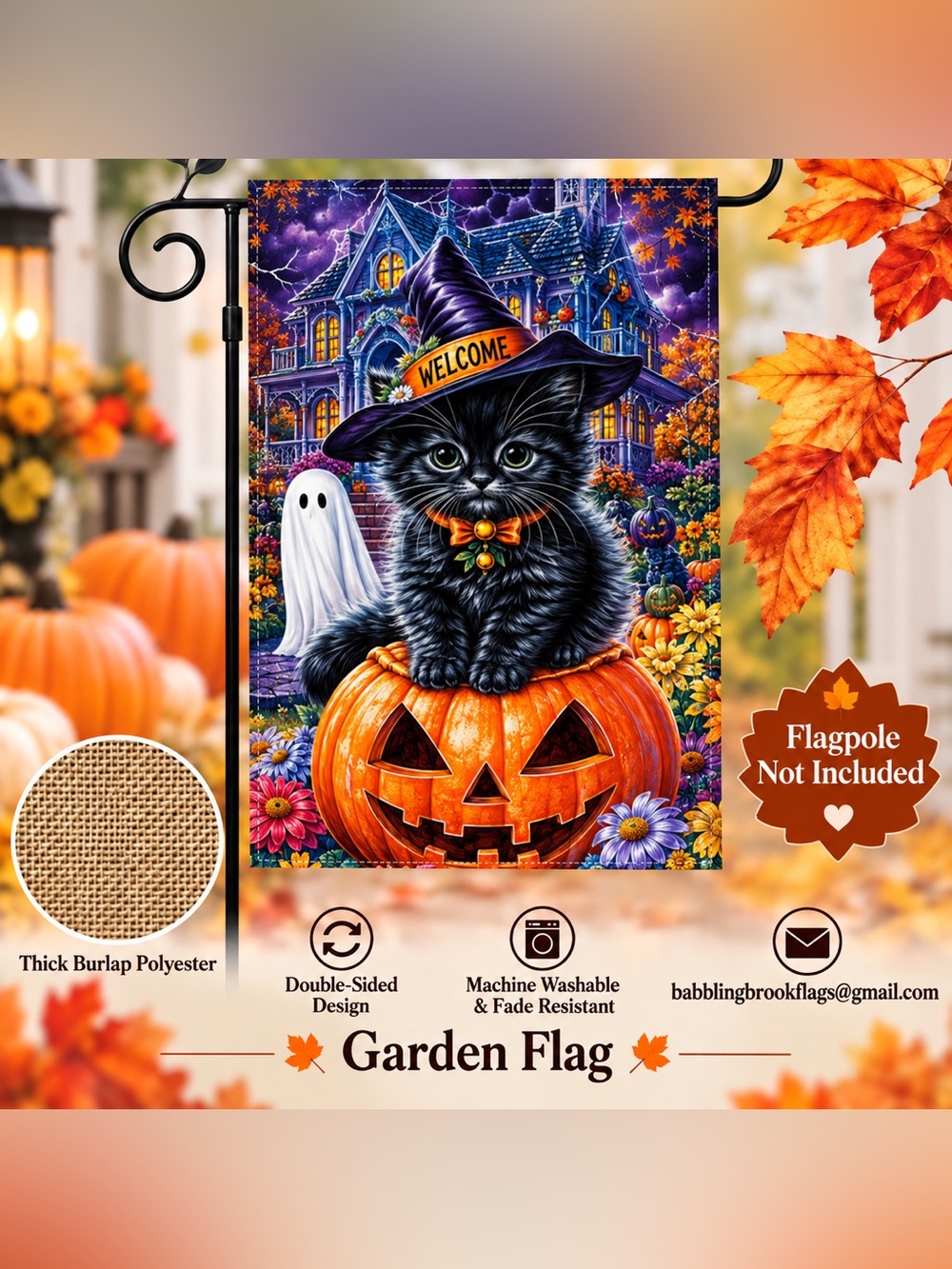 Garden flag, Halloween black cat, burlap polyester, double-sided, 12” x 18”
